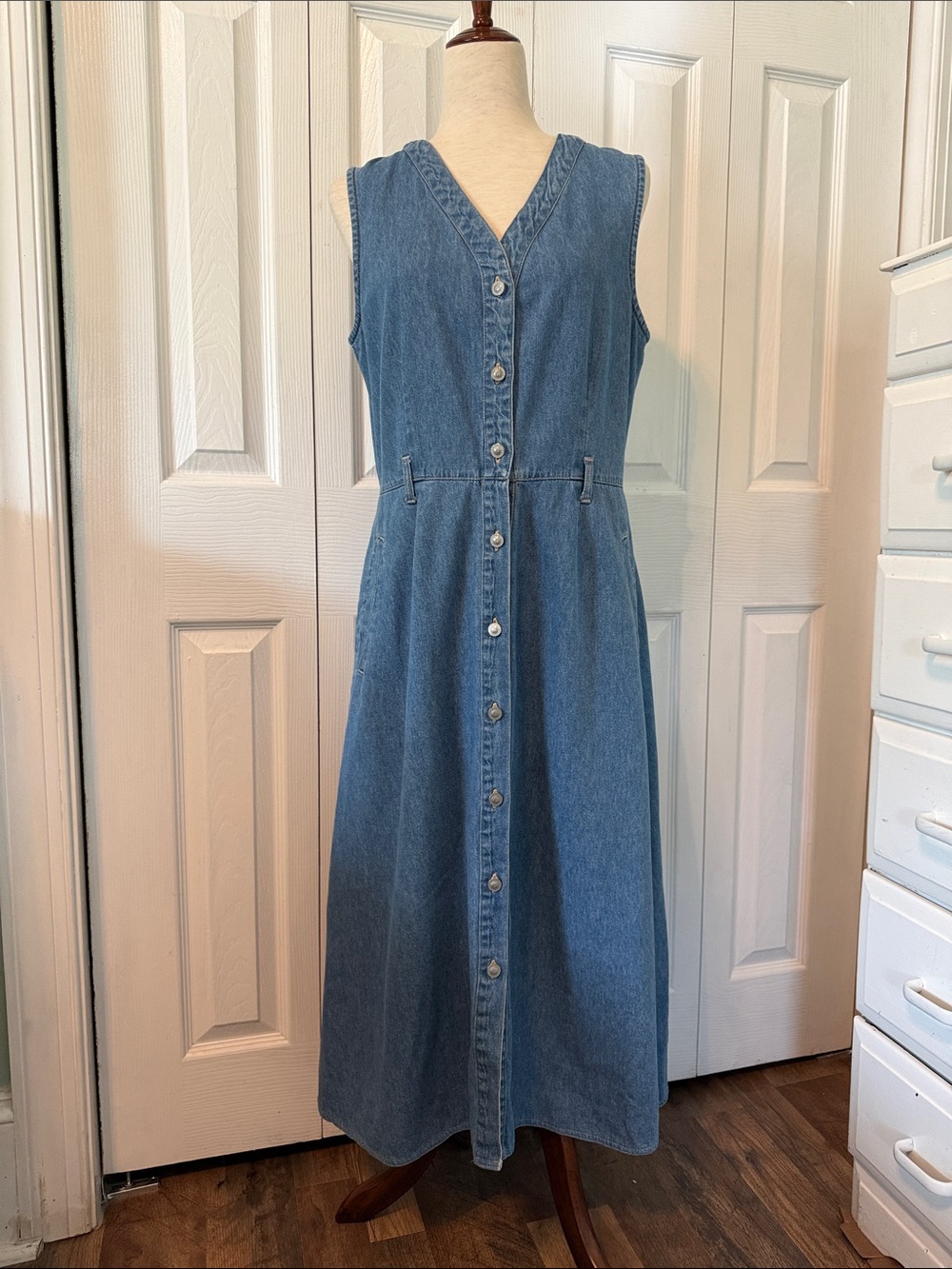 Vtg 80/90sGloria Vanderbilt Sleeveless Button Front Blue Denim Midi Dress Sz Mp